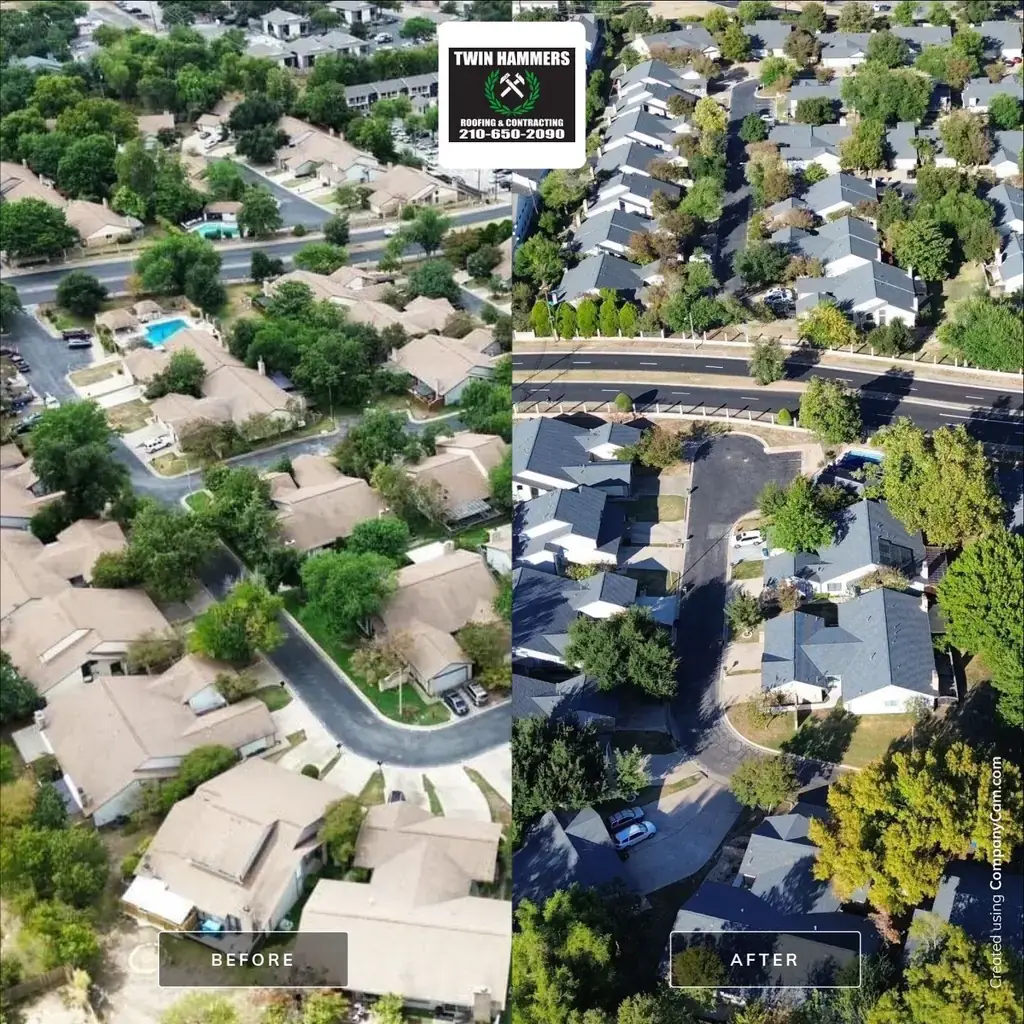 Before and after aerial composite of a San Antonio neighborhood roof replacement, carrying the Twin Hammers logo watermark